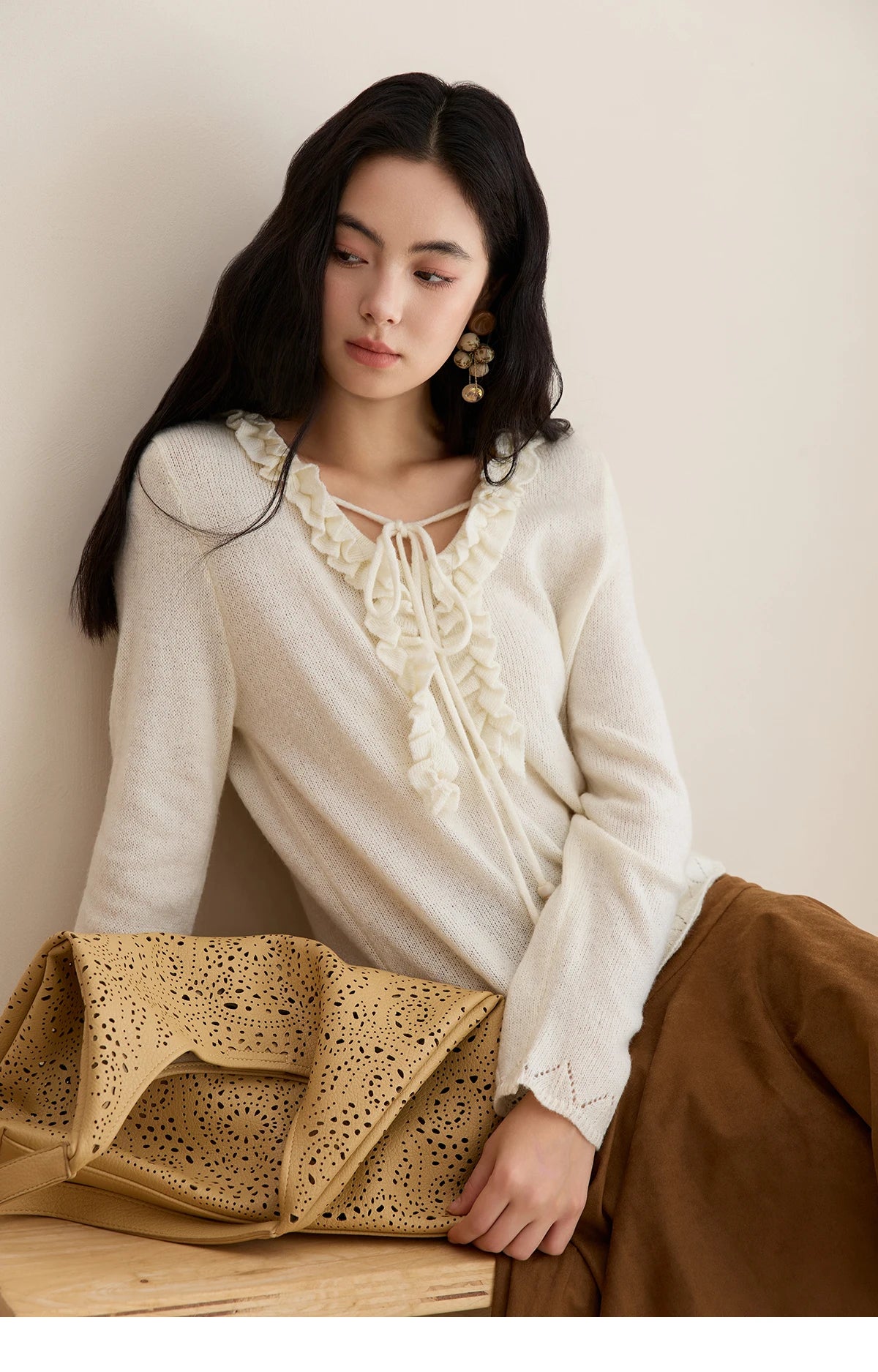 MISHOW Women Long Sleeve Tees 2025 Autumn New V-neck Wood Ear Hollow Out Knitted Sweater Women's Beige Wool Top MXE51Z2595