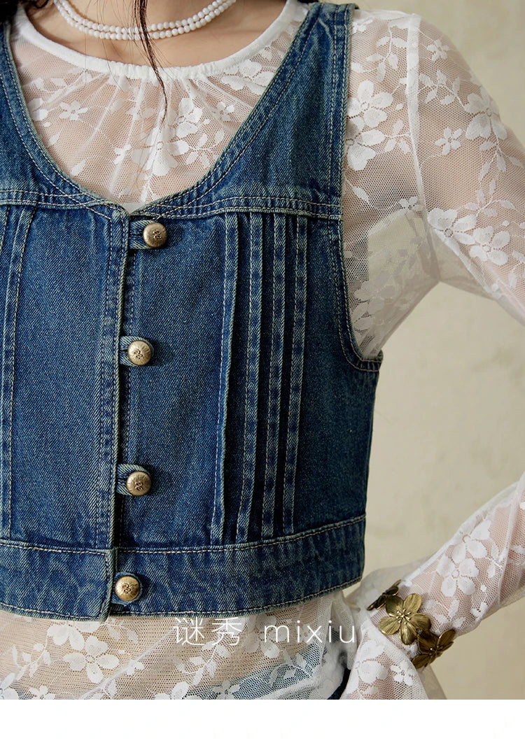 MISHOW Retro Denim Vest Coat for Women Spring Summer 2025 Deep Blue V-neck Short Versatile Outer Outfit U-neck Ccoats MXE16W0750