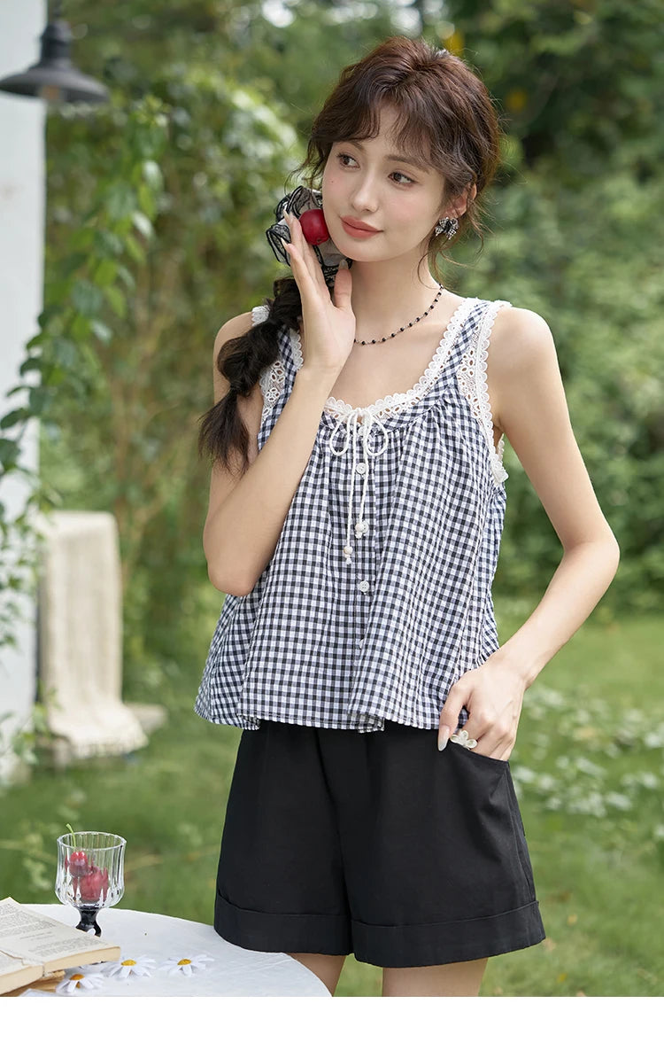 MISHOW French Sweet Lace Plaid Suspender Vest Women 2025 Summer Loose Fit U Neck Lace-up Blouses Sleeveless Doll Top MXD26X1567