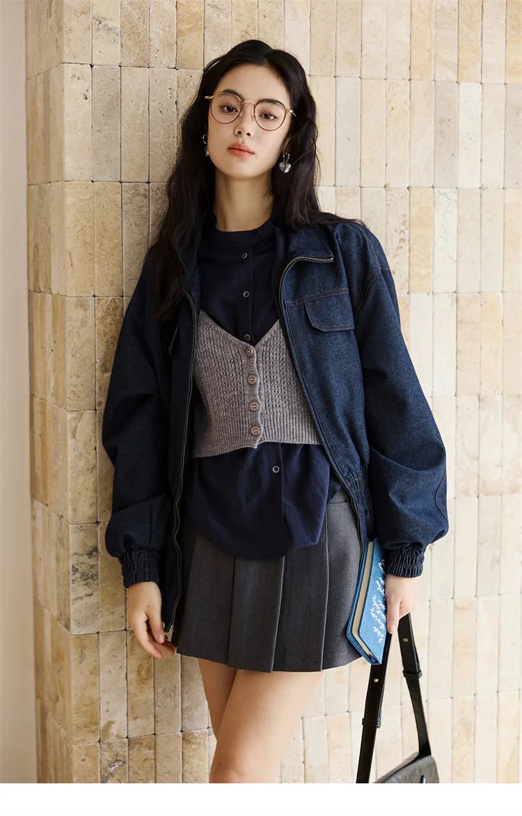 MISHOW Woman Shirt Set 2025 Autumn Fashion New Navy Blue Ribbon Design Layered Shirt Knit Camisole Two-piece Suit MXE47T1412