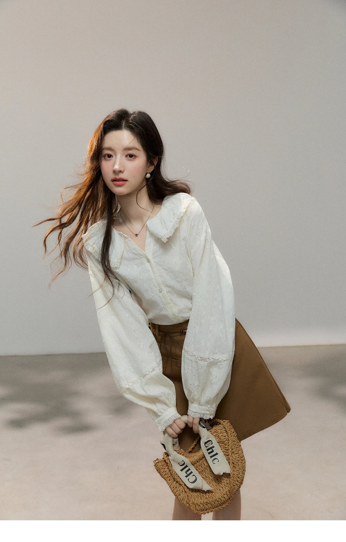 MISHOW Women's Beige Apricot Lace Shirts 2026 Spring Peter Pan Collar Micro Lantern Sleeves Top Casual Elegant Shirt MXF108C0813