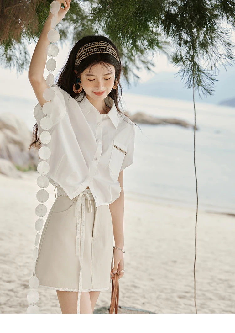 MISHOW Casual Summer Blouses Women 2025 New Short Puff Sleeve Turn Down Collar Shirt Female Fashion Shell Ribbon Tops MXE33C0773