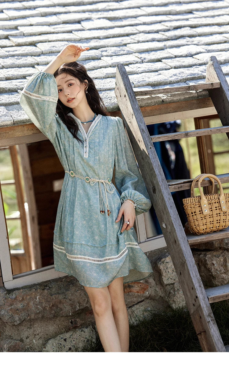 MISHOW Chiffon Printed Dress for Women Spring 2025 French V-neck Hollowed Out Lace Patchwork Medium Length Dresses MXE12L2096