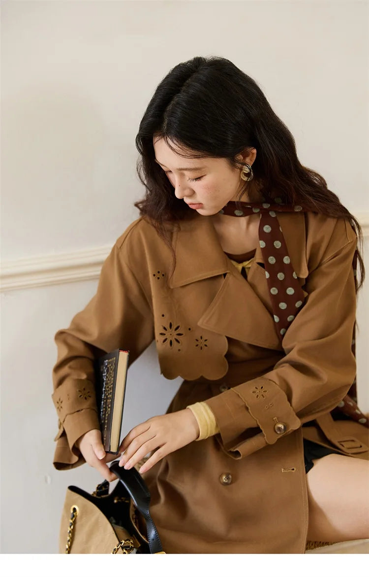 MISHOW Hollow Flower Trench Coat for Women Autumn 2025 Double Breasted Retro Trench with Slant Pocket Belt Coats MXE46W0838