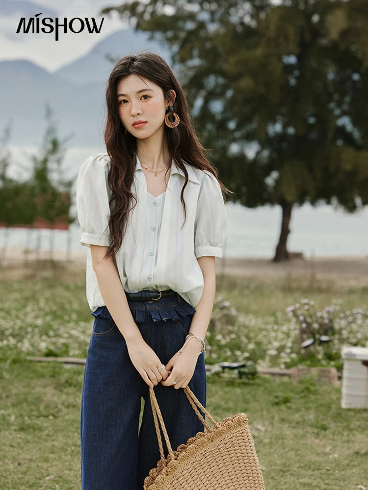 MISHOW French Summer Blouses Women New 2025 Solid Short Sleeve Turn-down Collar Slimming Shirts Female Straight Thin MXE33C0782