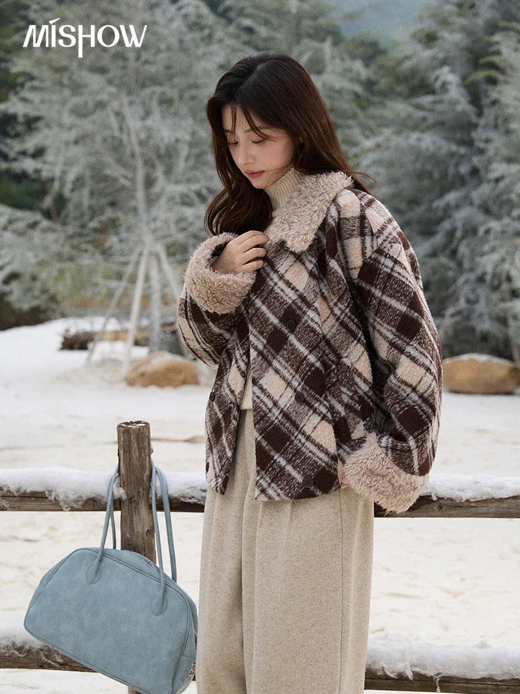 MISHOW Woman Jacket 2025 Autumn Winter Loose Retro Plaid Turn-down Collar Short Jacket Commute Warm Wool Blend Coat MXE89W0904