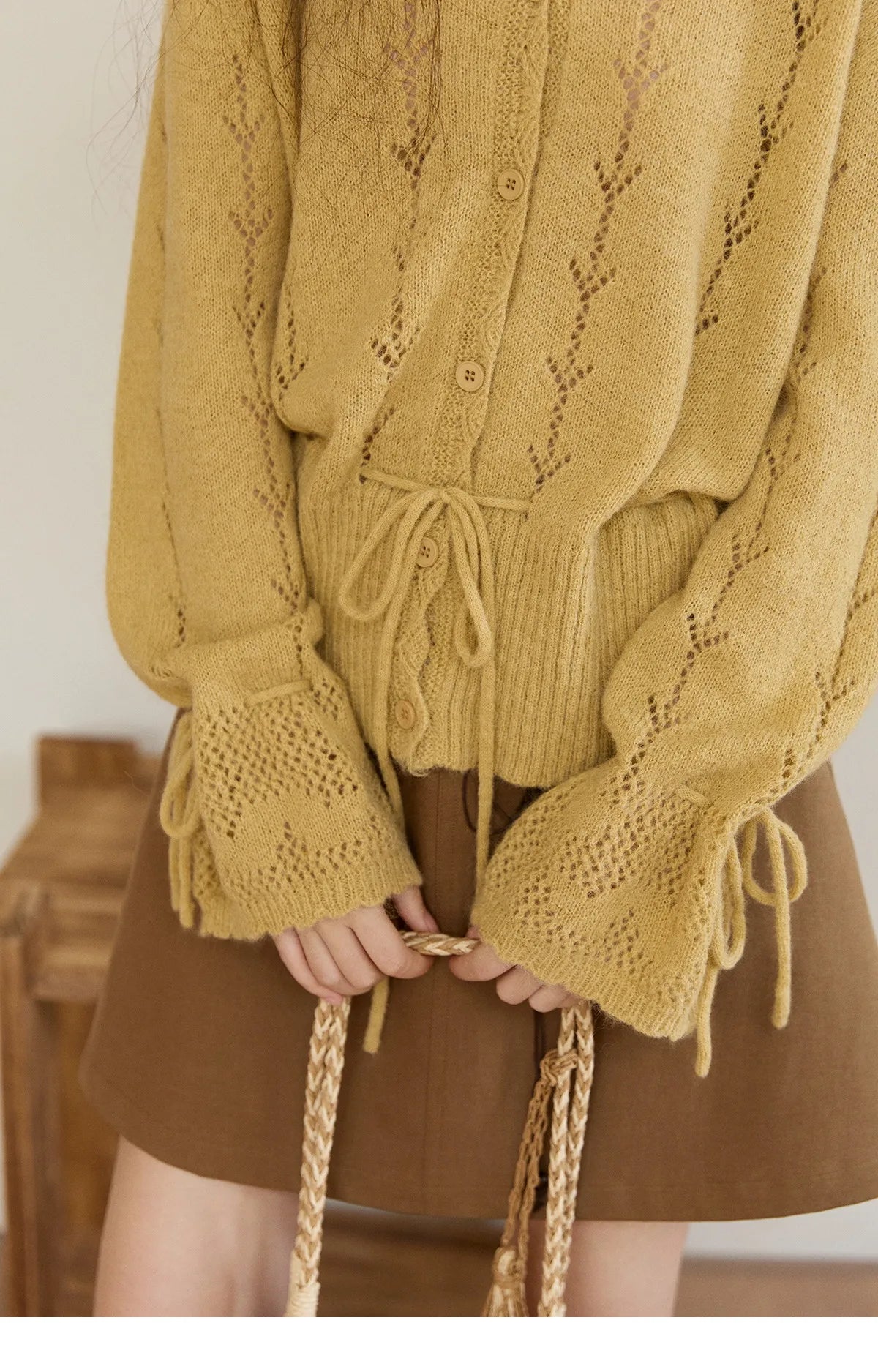 MISHOW Women's Yellow Knitted Cardigan 2026 Spring Hollow Out V-Neck Drawstring Waist Long Sleeve Casual Loose Tops MXF108Z1022