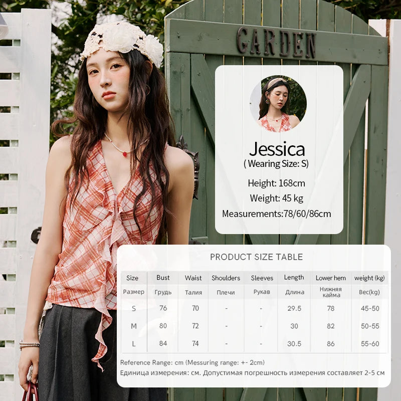 MISHOW French Retro Red Grid Hanging Neck Blouse for Women Summer 2025 Ruffled Edges Backless Blouses Vacation Top MXE34X1785