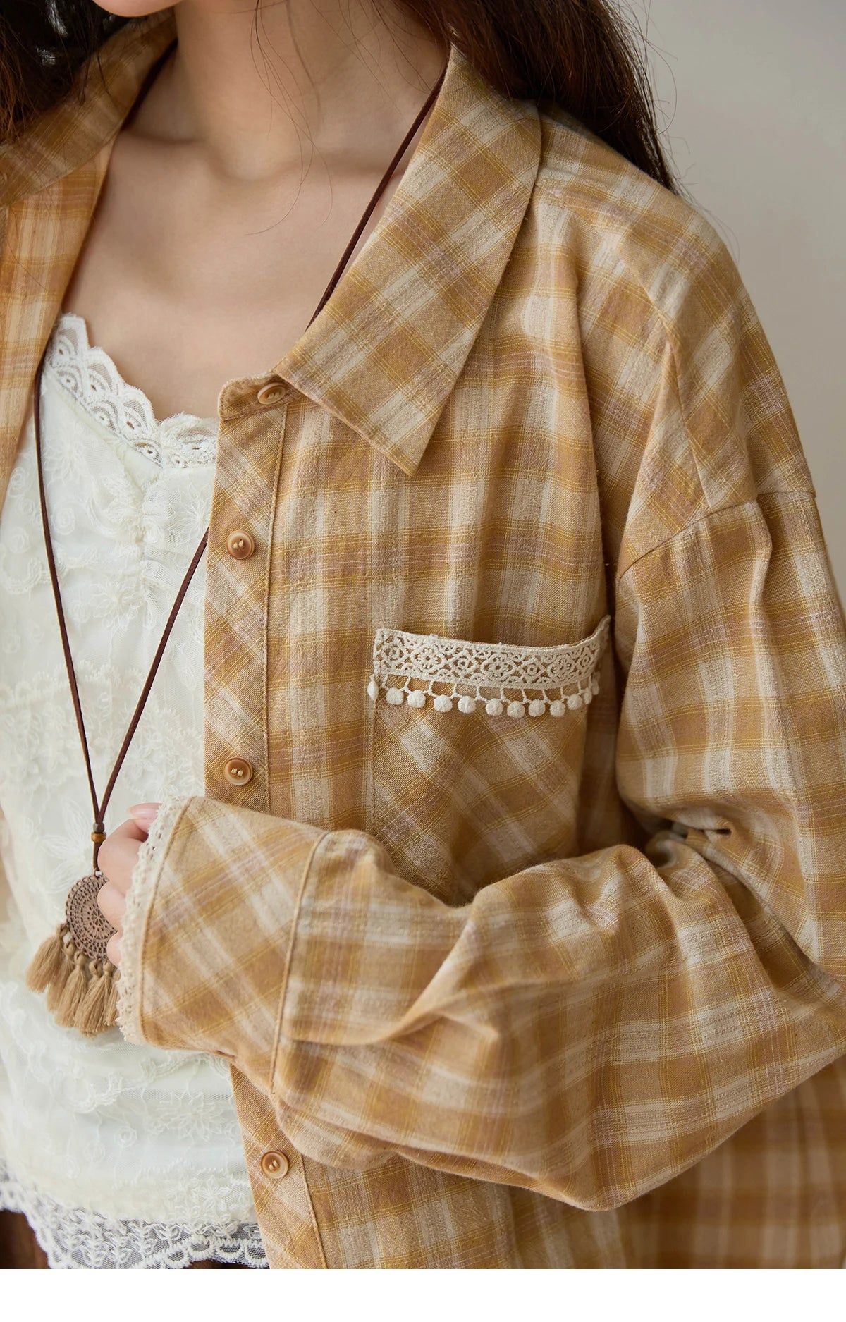 MISHOW Women's Retro Plaid Long Sleeved Shirt 2025 Autumn Korean Loose Casual Plaid Top with Lace Pocket Lapel Shirts MXE43C2378