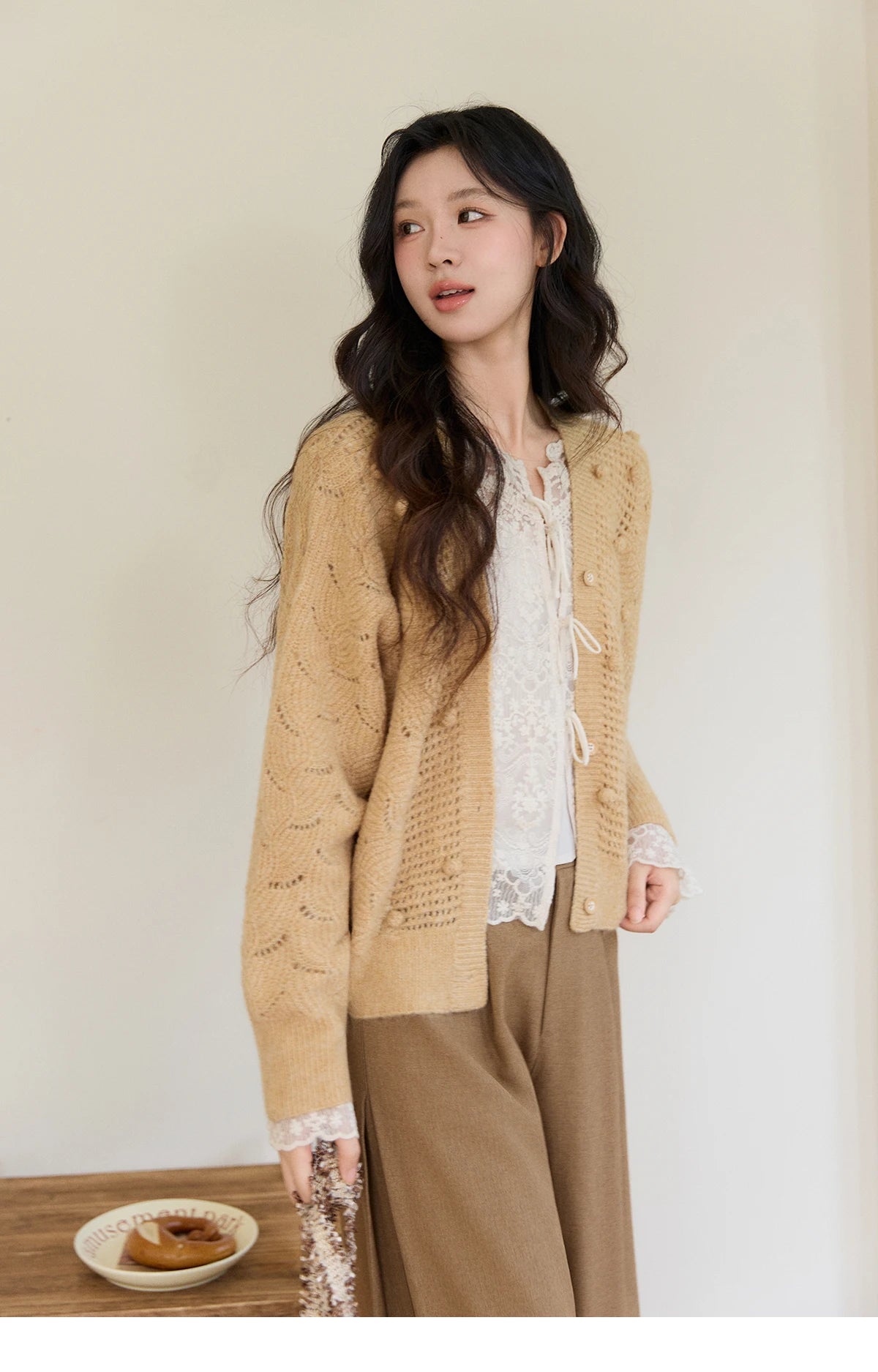 MISHOW Women's Solid Hollow-out Knit Thin Cardigan 2026 Spring V-Neck Bobble Knit tops Casual Loose Knitted Sweater MXF108Z1020