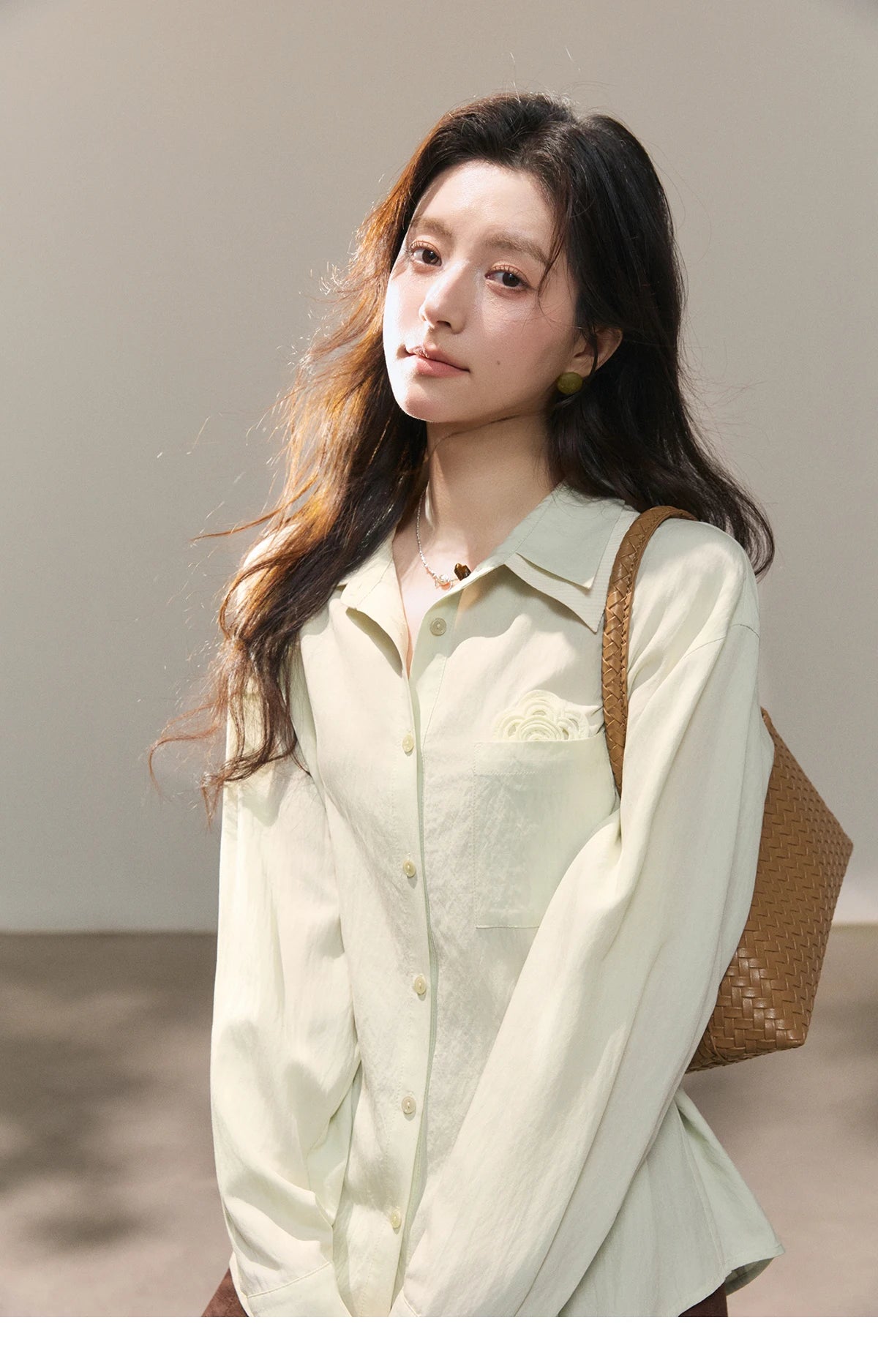 MISHOW Women's Contrast Trim Lapel Collar Shirts 2026 Spring Floral Embroidery Pocket Decor Button Waist Casual Shirt MXF13C2440