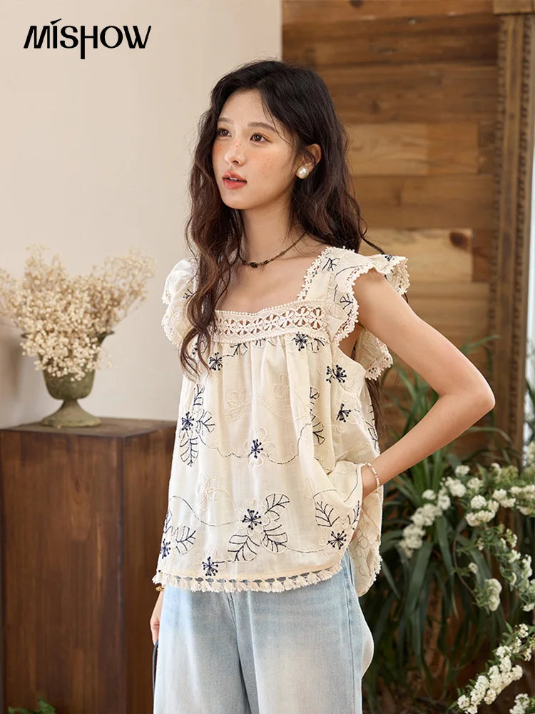 MISHOW Square Collar Embroidered Doll Blouses for Women Summer 2025 Flying Sleeve Patchwork Lace Tassels Retro Tops MXE35X1839
