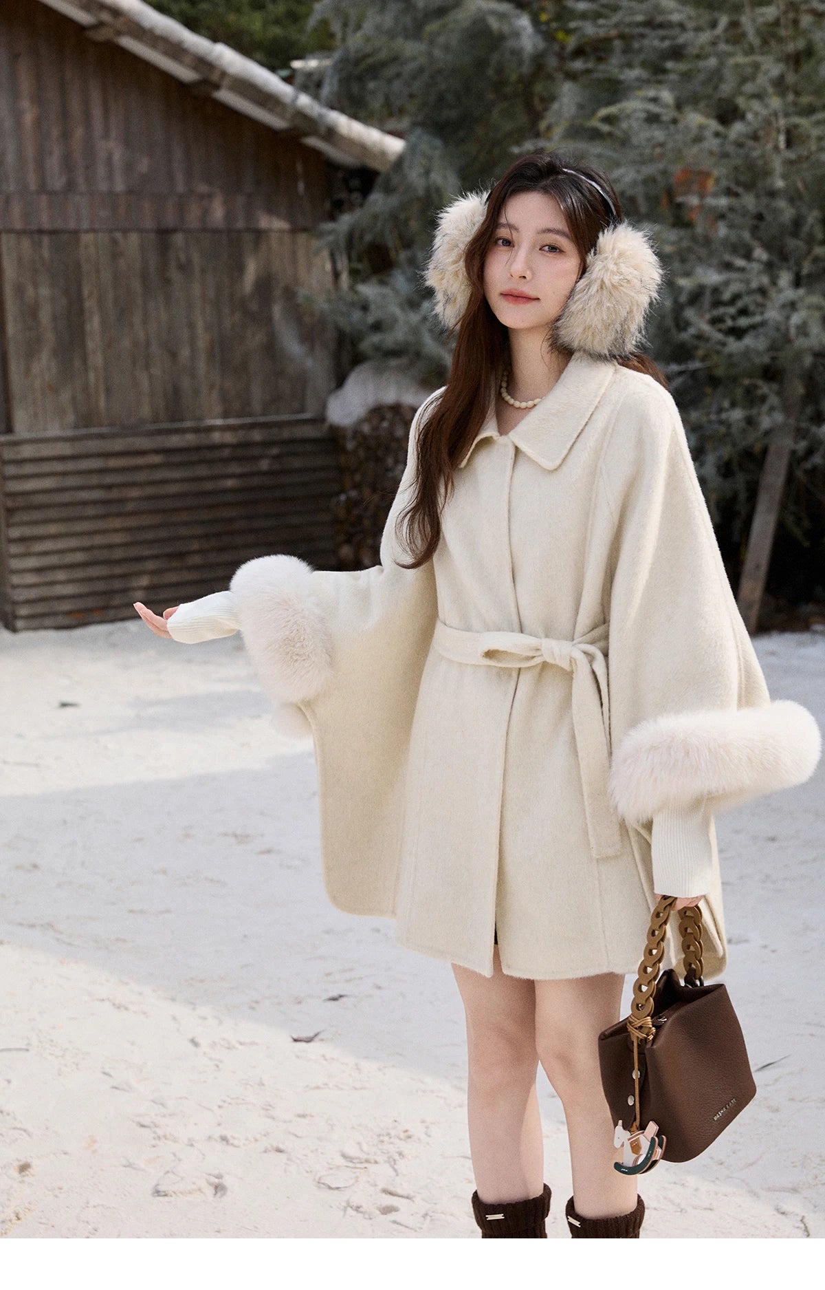 MISHOW 100% Wool Cape Double-sided Woolen Coat 2025 Winter Elegant Detachable Furry Cuffs Warm Lapel Ponchos Coats MXE90W0947