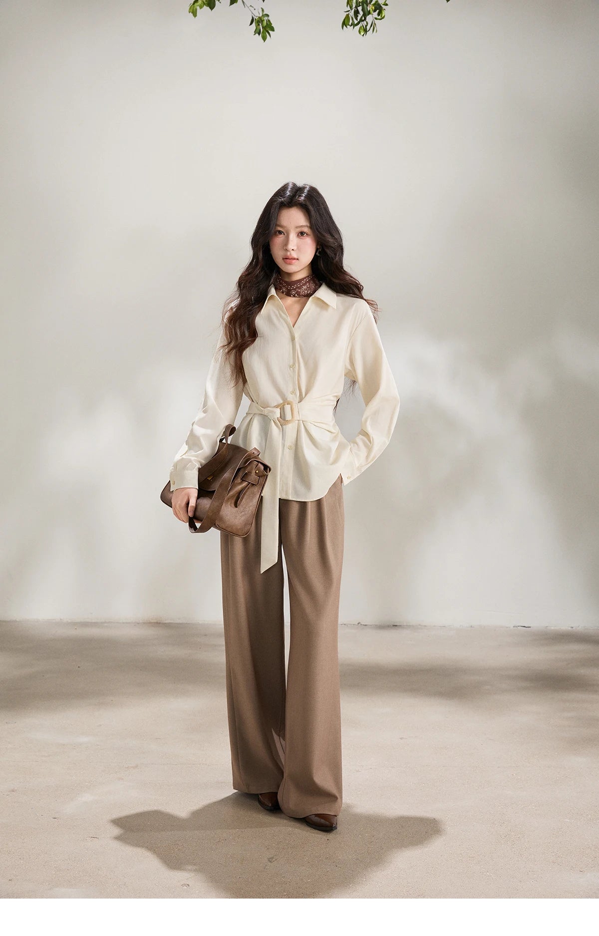 MISHOW Women's Lapel Collar Long Sleeve Shirt 2026 Spring with Belted Waist Casual Loose Soft Beige Shirt Office Lady MXF13C2452