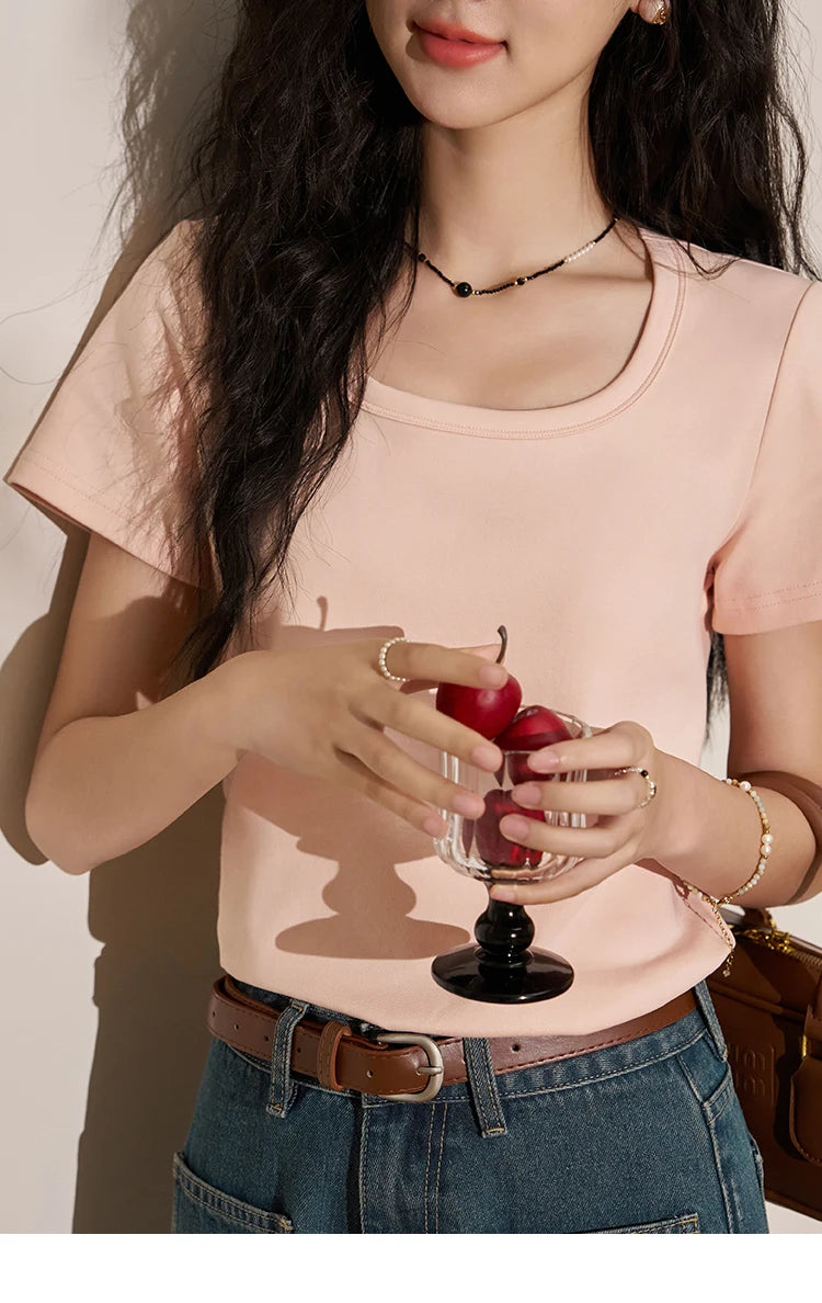 MISHOW Multi Color Square Neck Tees Short Sleeve Solid Color T-shirt for Women 2024 Spring/summer Basic Versatile Top MXC12T0641