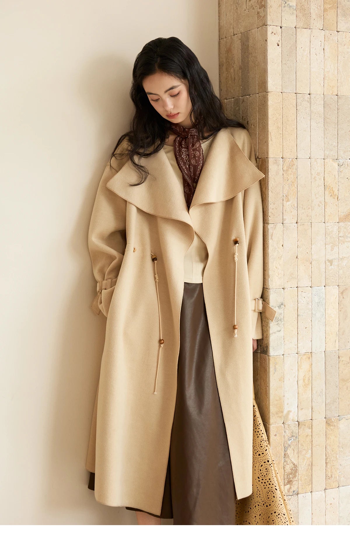 MISHOW Woolen Coat for Women 2025 Autumn Winter New Style Drawstring Waist Large Lapel Mid-length Commuter Loose Coat MXE45W0841