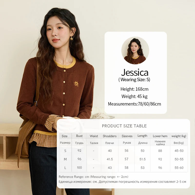 MISHOW Fake Two Knitted Sweaters Autumn Retro Color Contrasting Bow Embroidered Sweater Hemp Cuff Splicing Plaid Top MXE46Z2495