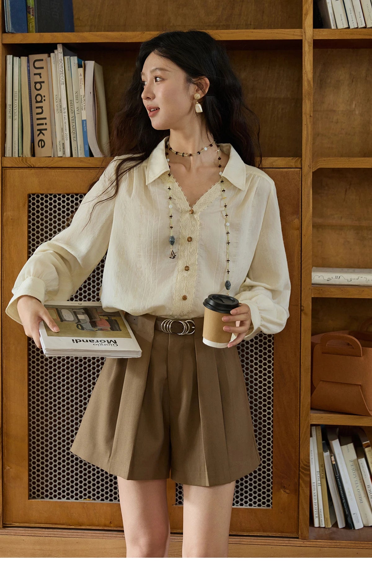 MISHOW Women's French V Neck Lace Panels Shirts 2025 Autumn Elegant Long Sleeve Apricot Top Office Chic Loose Shirt MXE43X2474