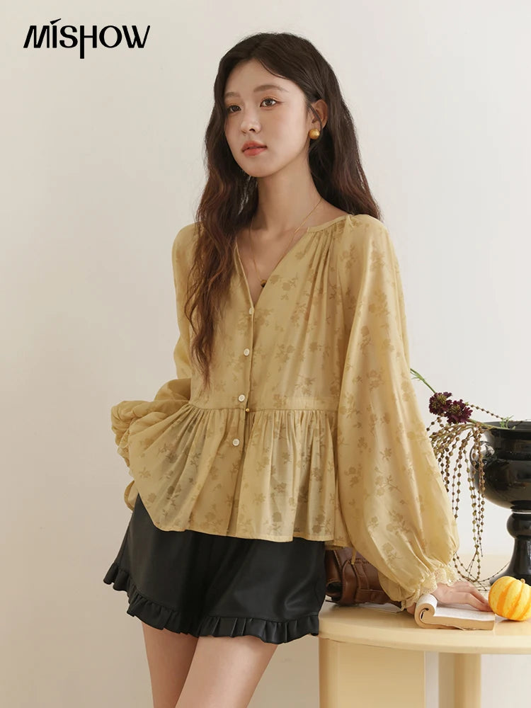 MISHOW Elegant Woman Shirt 2025 Autumn Yellow Printing Lantern Sleeves Shirt Commute Drawstring Waist Lace Trim Top MXE45X2499