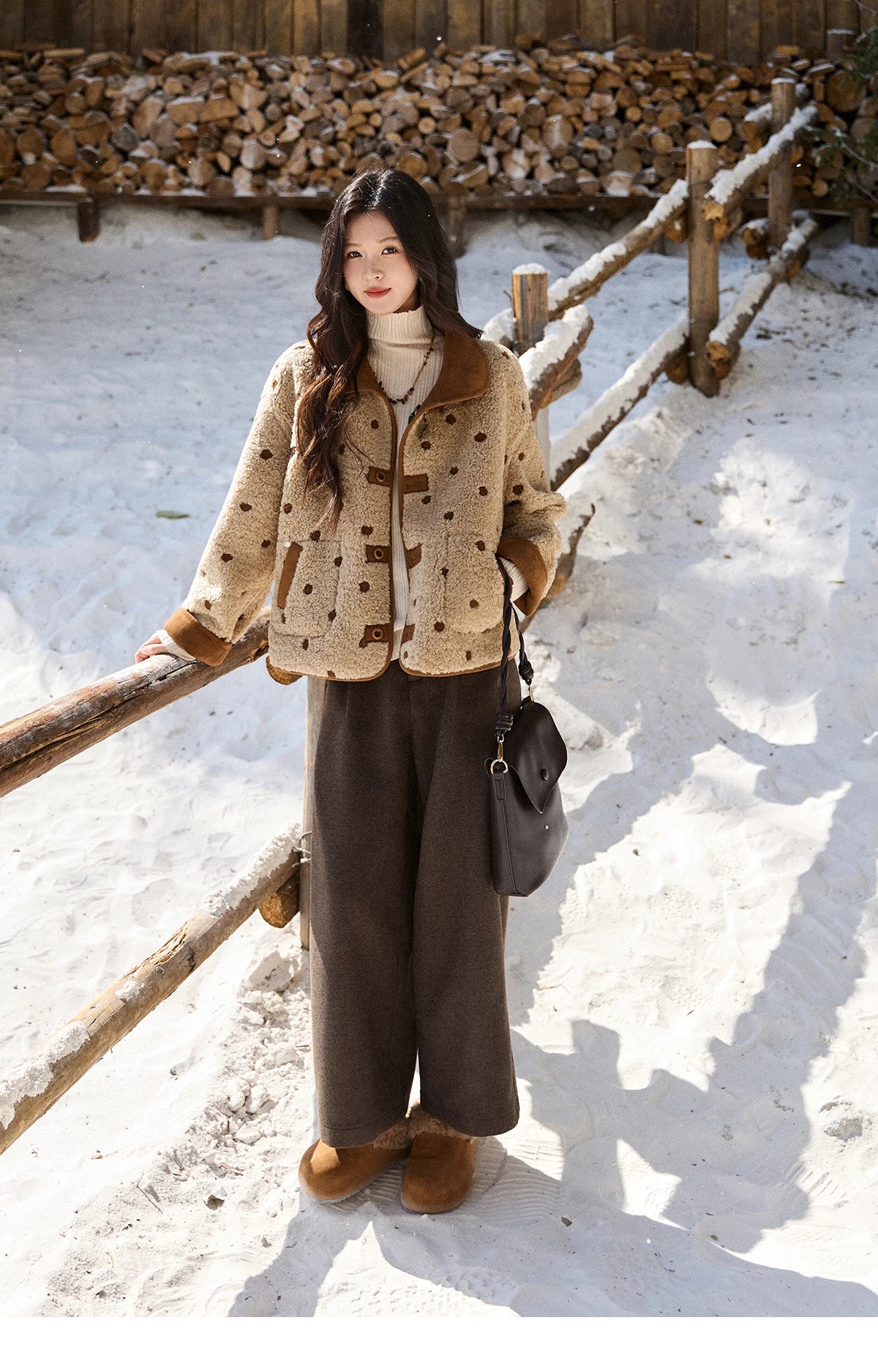 MISHOW Women's Brown Reversible Shearling Coat 2025 Winter Suede Polka Dot Lapel Coats Fleece Thick Warm Short Jacket MXE93W1012