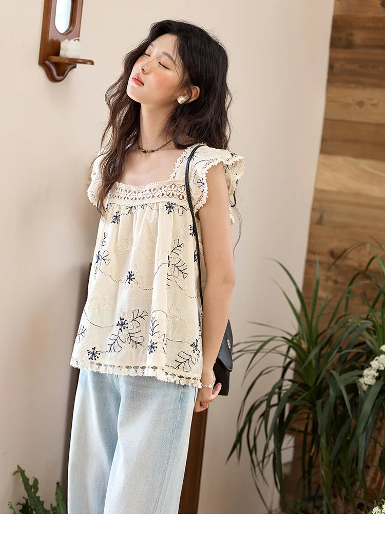 MISHOW Denim Blue Lace Straight Leg Pants for Women Summer 2025 High Waist Trousers 100 Cotton Casual Wide Leg Jeans MXE35K0947