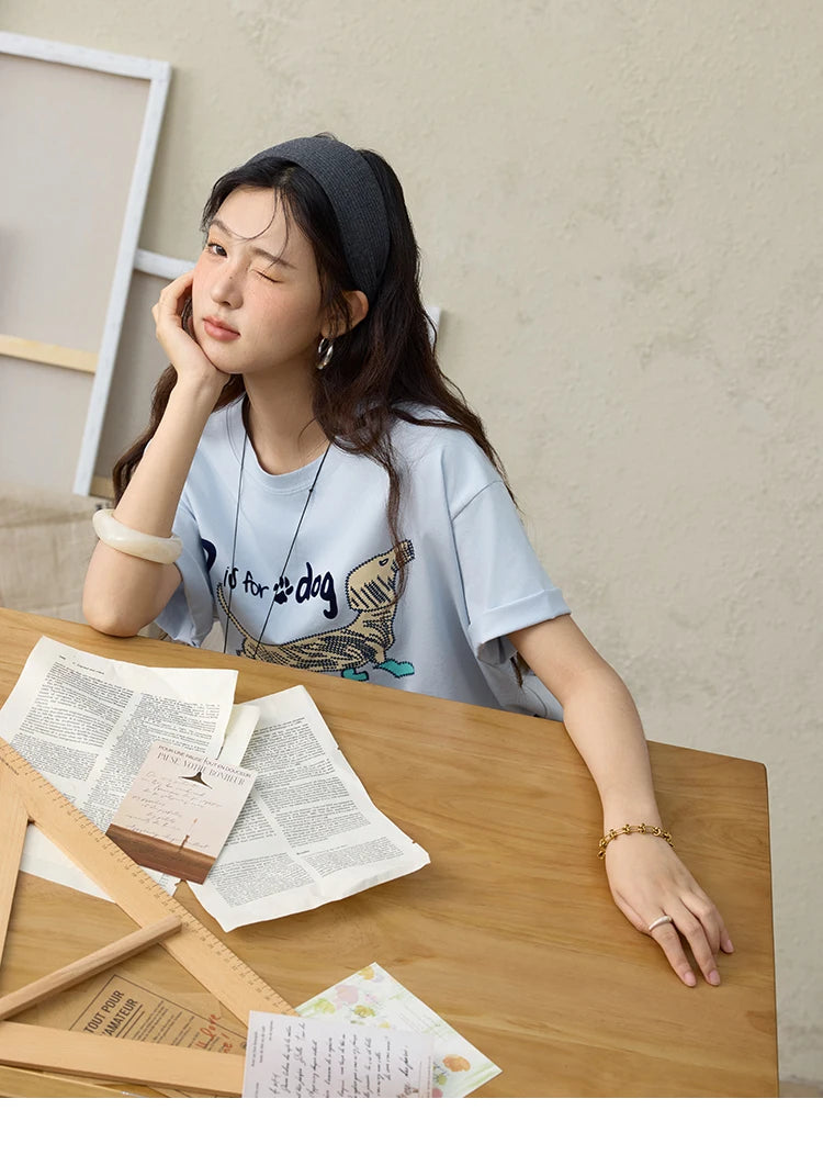 MISHOW Print Summer T-shirts Women 2025 Short Sleeve Round Neck Flocked Puppy Loose Shirt Female Casual Versatile Top MXE33T0542