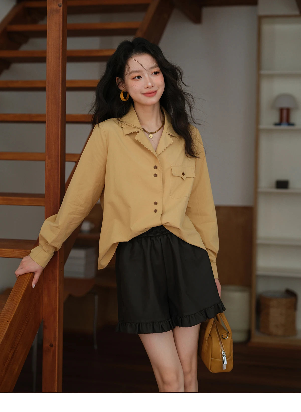 MISHOW Women's Retro Yellow Lapel Cotton Shirt 2025 Autumn Loose Casual Top Contrasting Button with Pocket Shirts MXE41C2356