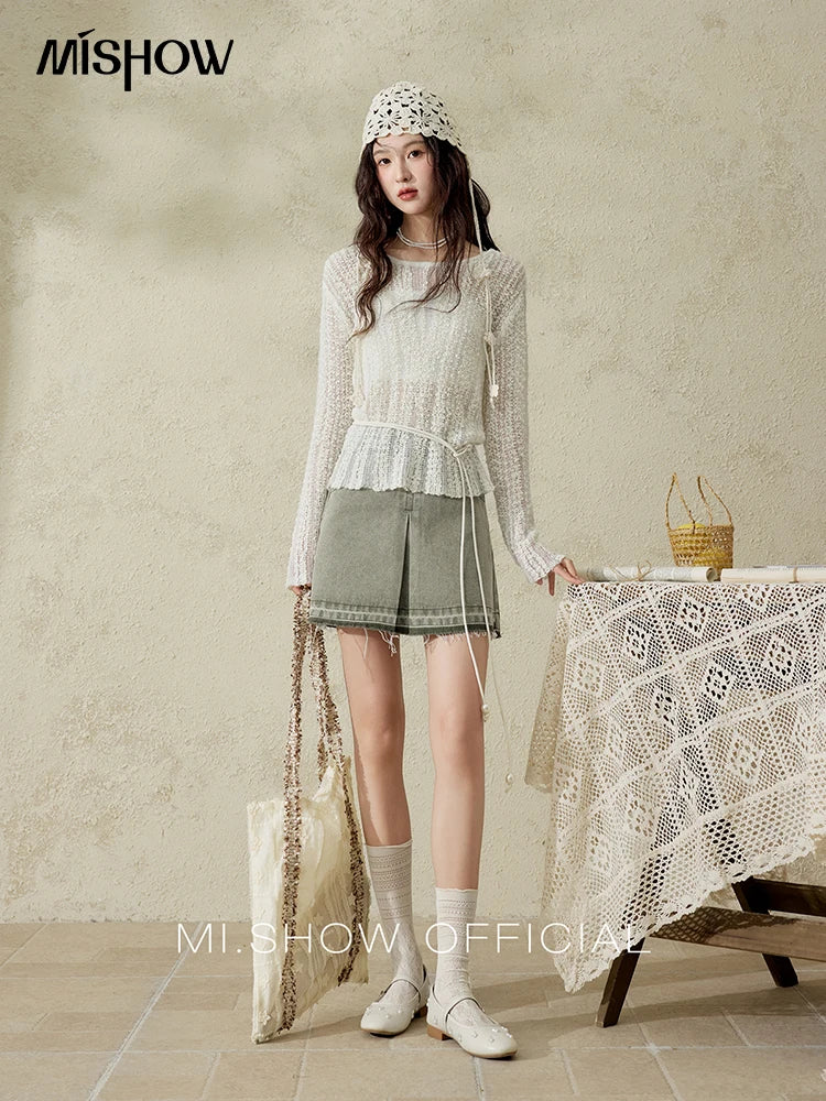 MISHOW Women 's Apricot White Hollow Knitted Sweater Spring 2025 Mohair Cover Drop Sleeve Top Strapless Slim Tube Top MXE12Z1120