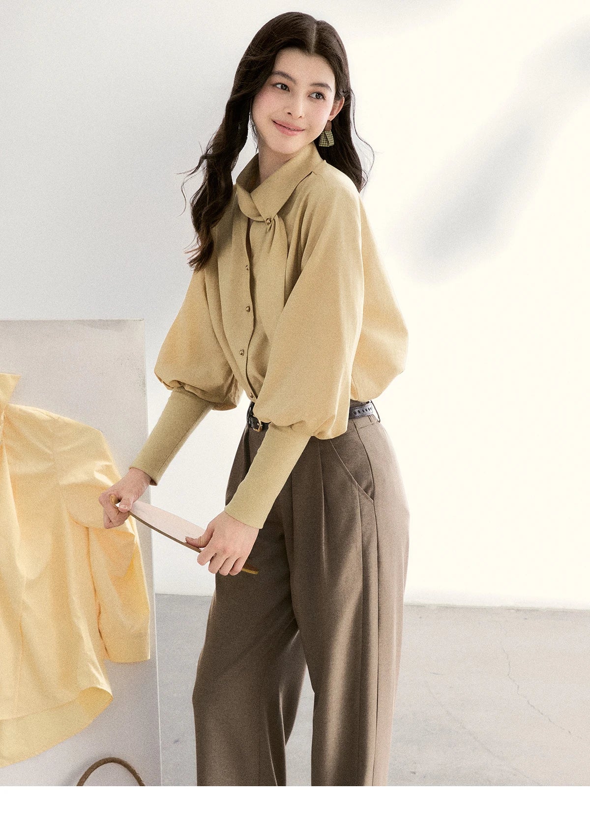 MISHOW Women's Tie Neck Shirts Spring Hollow-out Knitted Patchwork Puff Sleeve Tops Casual Elegant Shirt Office Lady MXF108C0812