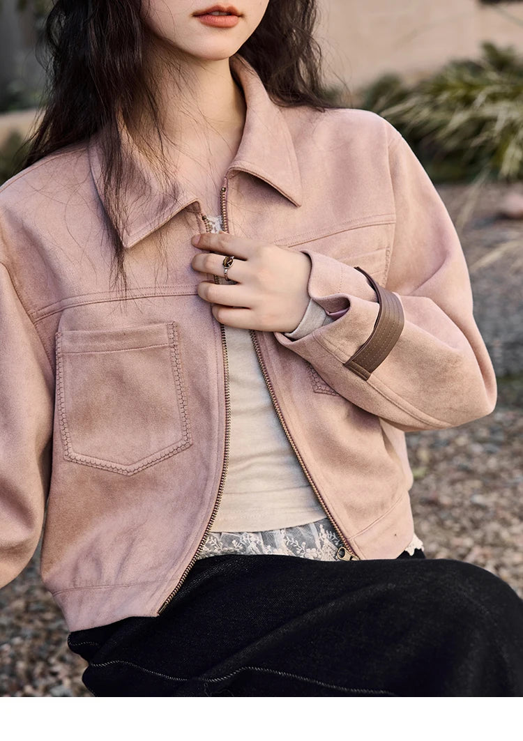 MISHOW Suede Symmetric Pocket Jacket American Vintage Zipper Short Outwear 2024 Winter Sweet Slim Lapel French Jacket MXD48W0478