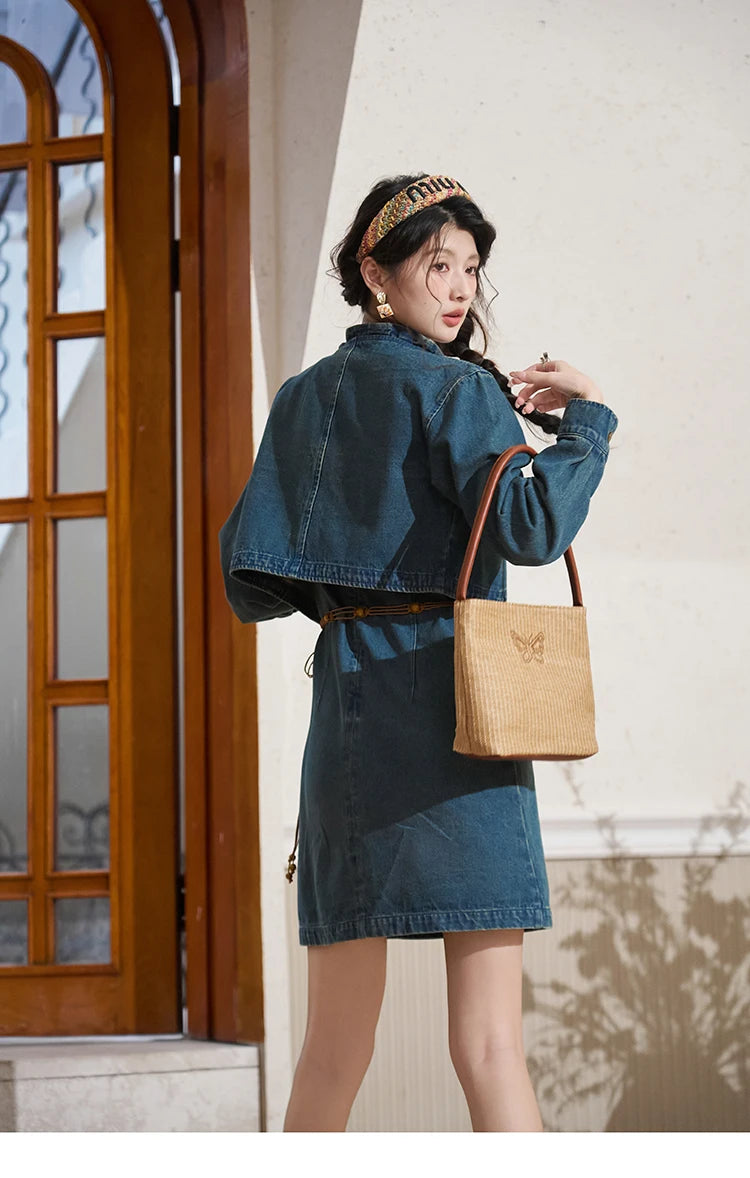 MISHOW Retro Chinese Buckle Denim Short Jacket U-neck Vest Dress Separately 2025 Autumn Casual Coat Knee-Length Dress MXD14L1771