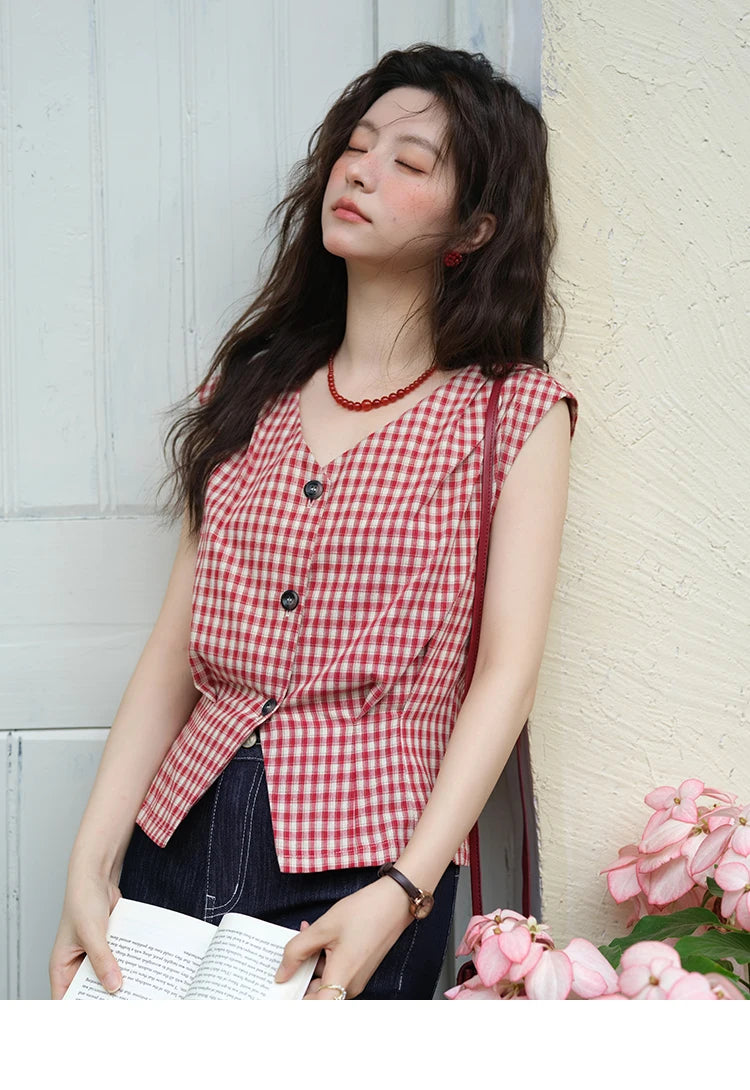 MISHOW Women's Fashion V-neck Shirt 2025 Summer New Plaid Ladies Red Button Shirt Casual Retro Top Female Clothing MXE37X1921