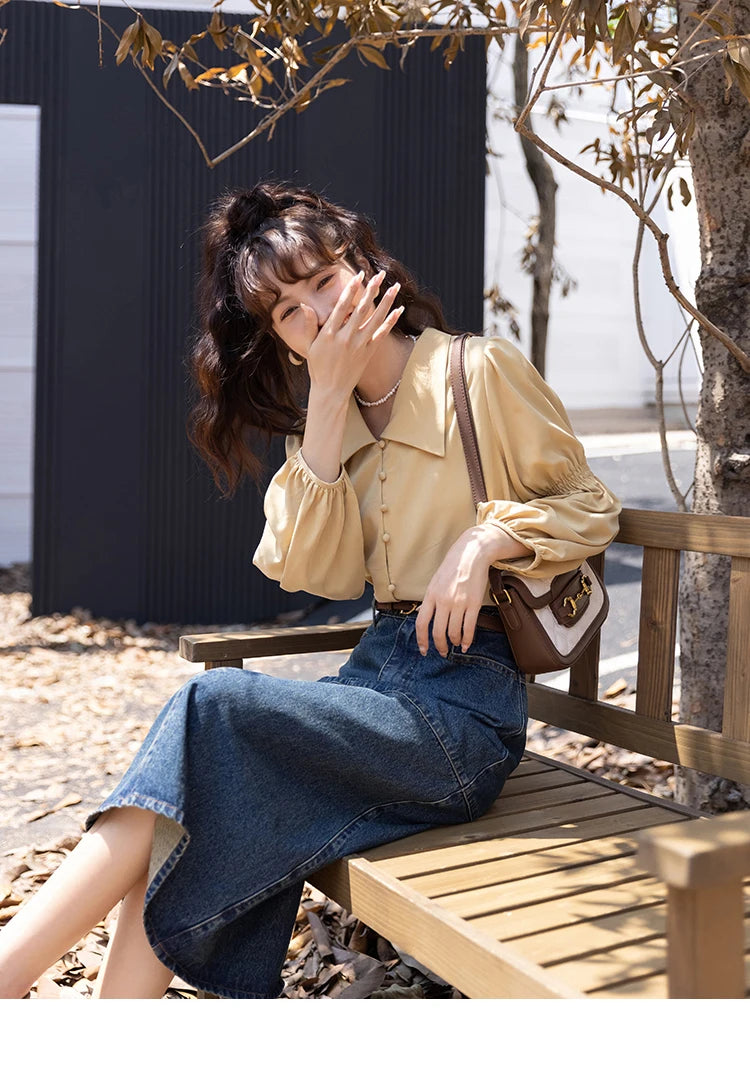 MISHOW Elegant Women's Blouse Autumn Vintage French Lantern Sleeves Turndown Collar Shirt Office Lady Female Clothing MXB32C0508