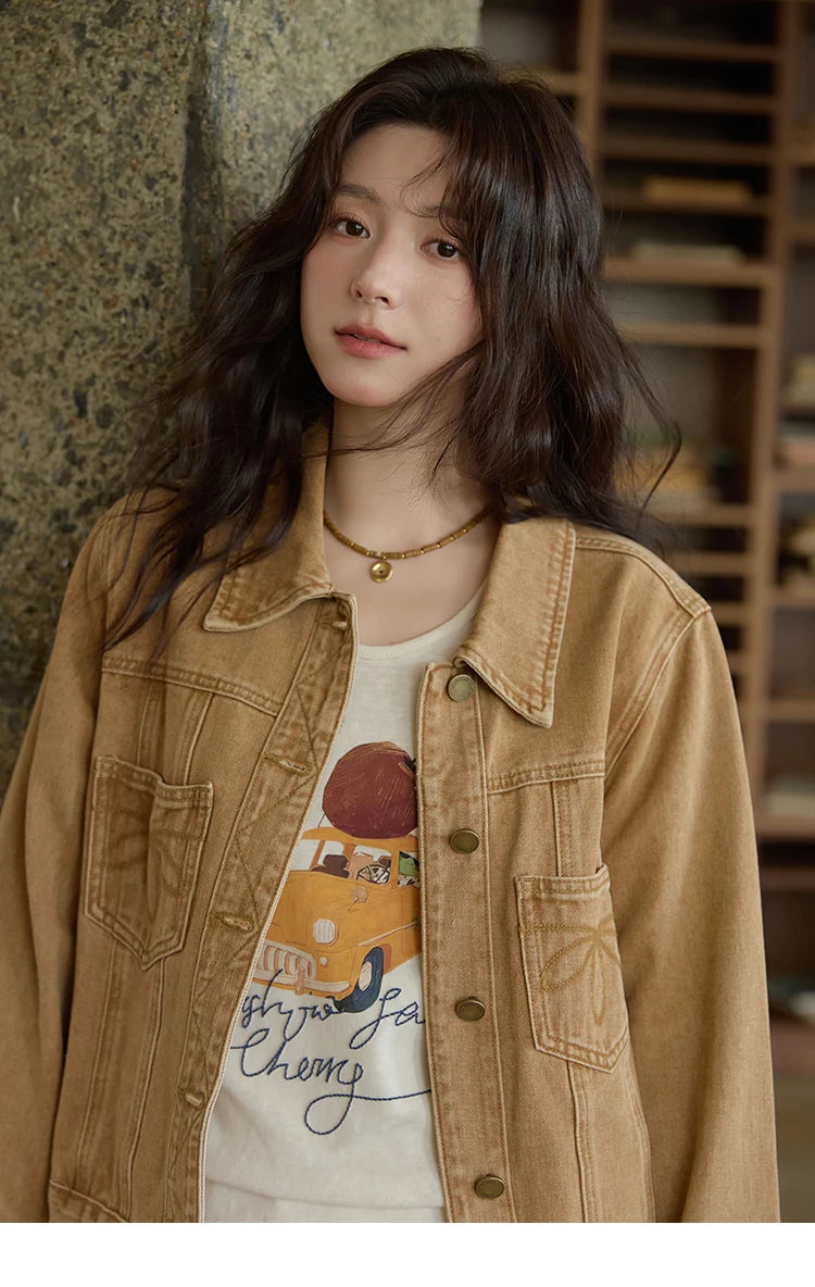 MISHOW Light Brown Vintage Denim Jacket for Women 2025 Autumn Embroidered Pockets Dropped Sleeve Retro Loose Jacket MXE41W0795