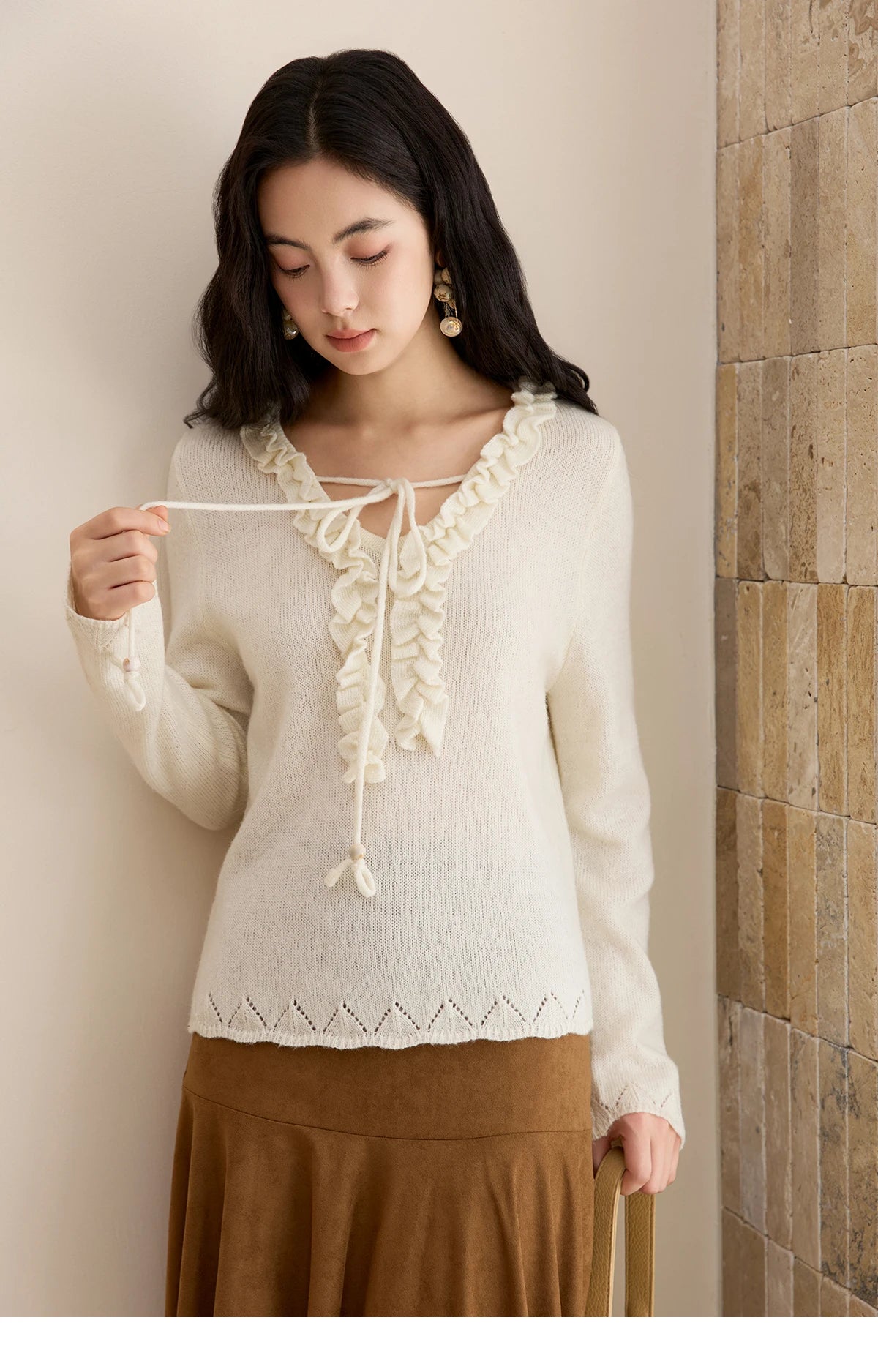 MISHOW Women Long Sleeve Tees 2025 Autumn New V-neck Wood Ear Hollow Out Knitted Sweater Women's Beige Wool Top MXE51Z2595