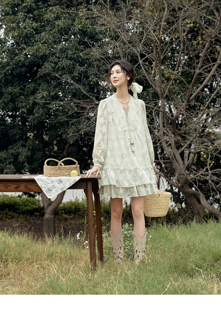 MISHOW Floral V-neck Drawn Tassels Dresses 2025 Spring Summer Hollow Out Lantern Sleeve Dresses Vacation Doll Dress MXE15L2121