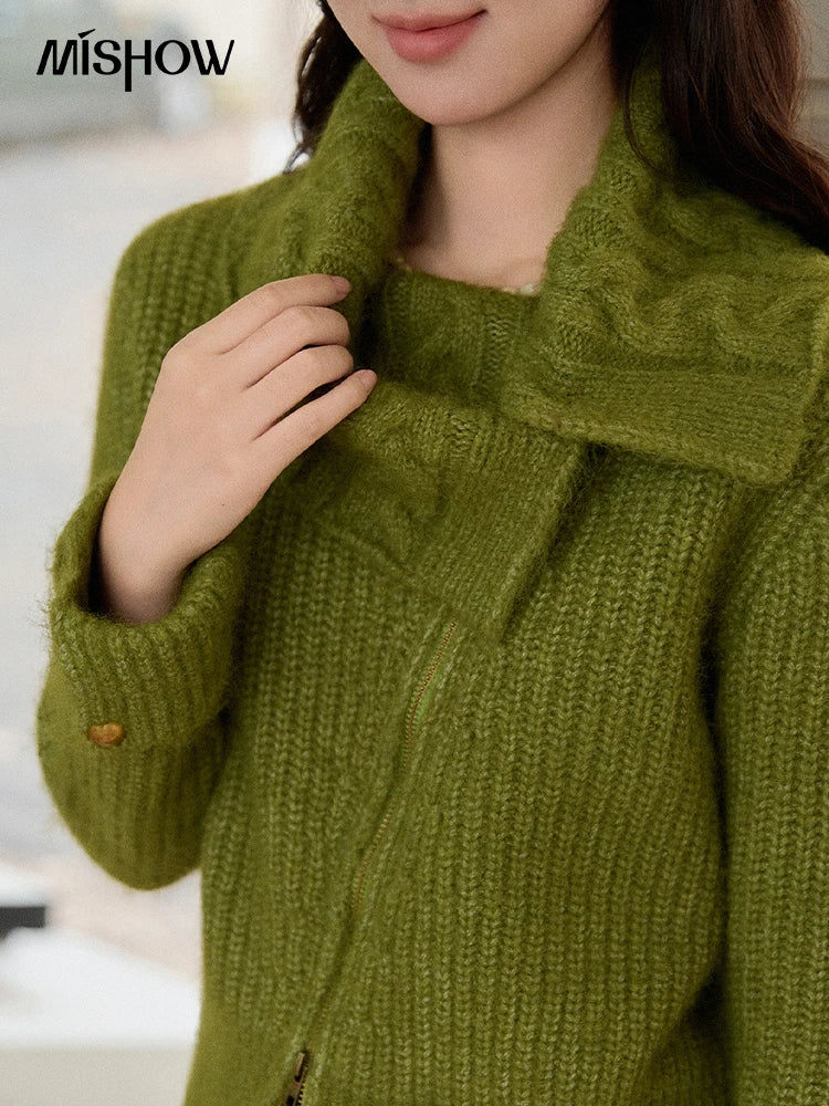 MISHOW Woman Green Sweater 2025 Winter Wool Blend Long-pile Large Lapel Knit Top Loose Design Commute Pullovers MXE90Z2760