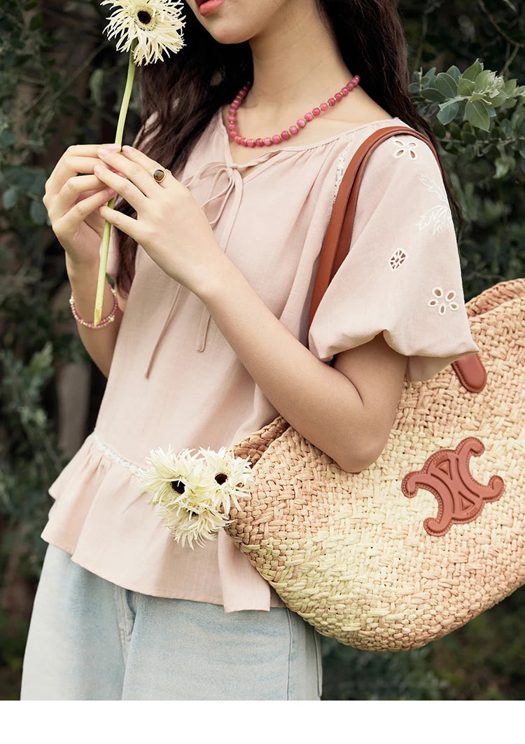 MISHOW French Summer Blouse Women 2025 Short Puff Sleeve Round Neck Solid Hollow Embroidery Shirts Woman Holiday Thin MXE31X1747