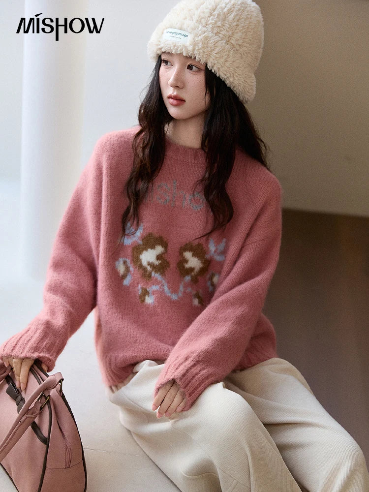 MISHOW Women's Jacquard Pink Sweater 2025 Autumn Winter Soft Loose Crew Neck Thick Knitwear Warm Casual Sweaters MXE91Z2831
