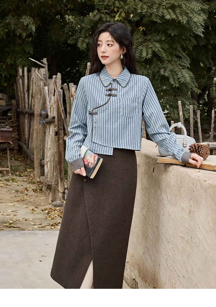 MISHOW Plaid Tweed Skirt Long-sleeved Jacket Long Skirt Separately Winter 2024 Korean O Neck Coat Front Slit Skirt MXD43W0445