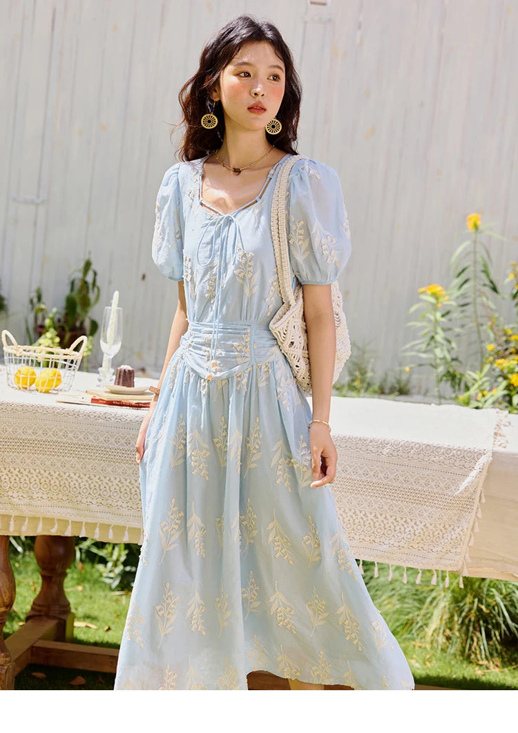 MISHOW Blue Square Neck Bubble Sleeve Dress for Women Summer 2025 Waist Vacation 100 Cotton Embroidered Long Dress MXE35L2234