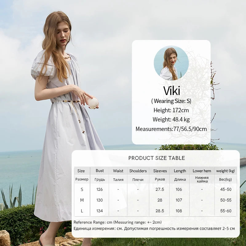 MISHOW 100 Cotton Bohemian Dress 2024 Summer French Elegant Elastic Round Neck Bubble Sleeve Long Dresses with Belt MXD26L1940