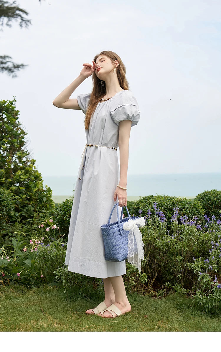 MISHOW 100 Cotton Bohemian Dress 2024 Summer French Elegant Elastic Round Neck Bubble Sleeve Long Dresses with Belt MXD26L1940