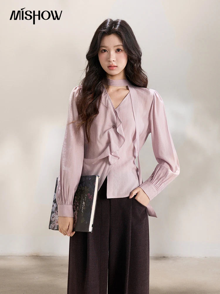 MISHOW Women's Purple Sweet Shirts 2026 Spring Ribbon V-Neck Ruffled Asymmetrical Shirt Back Lace-up Waist Casual Top MXF13X2527
