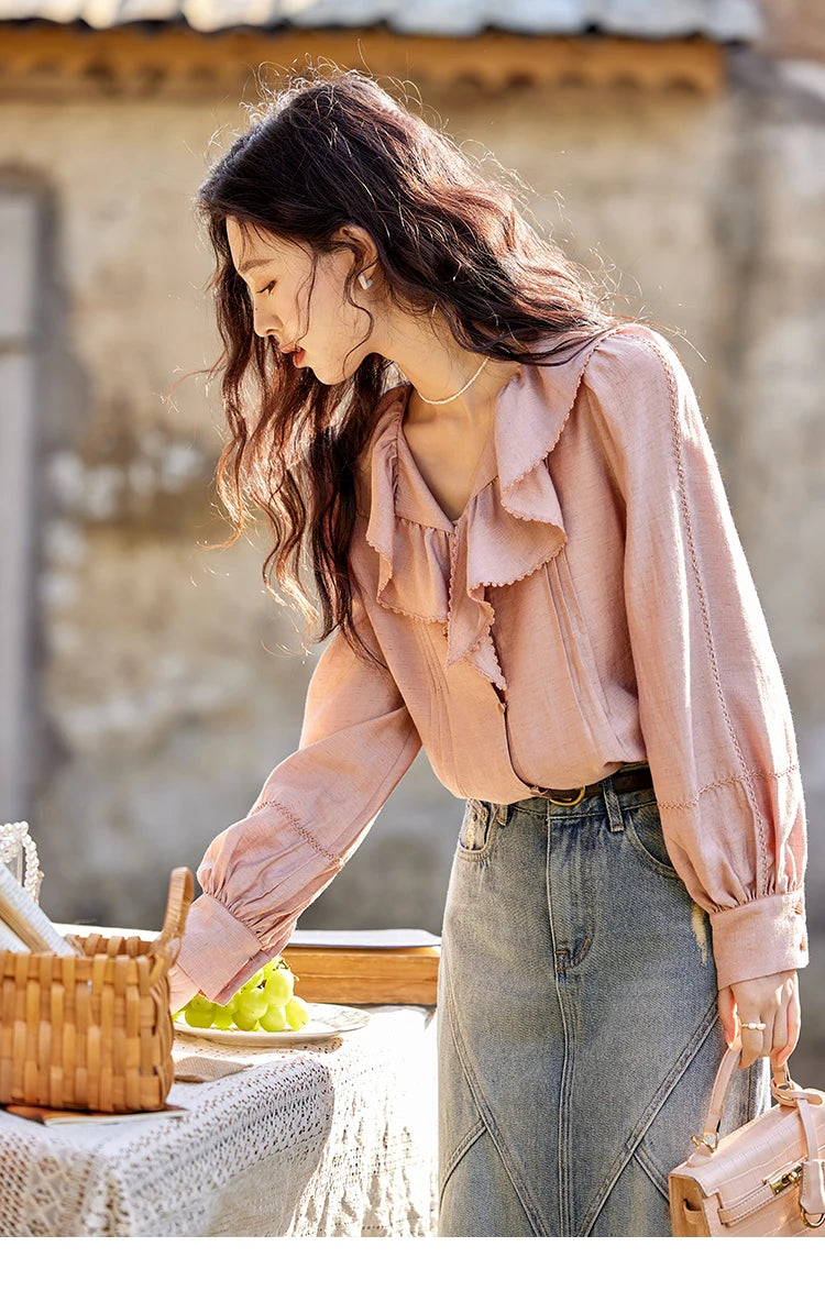 MISHOW Lotus Leaf Collar Shirt Bubble Sleeves Pink Shirt for Women Spring 2025 Sweet Chiffon Top Temperament Shirts MXE12X1702