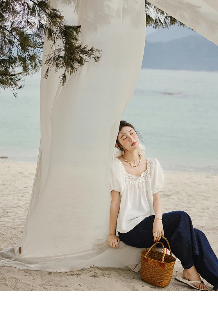 MISHOW French New Shirts Women Summer 2025 Short Puff Sleeve Square Collar Solid Splicing Lace Blouses Female Holiday MXE32X1780