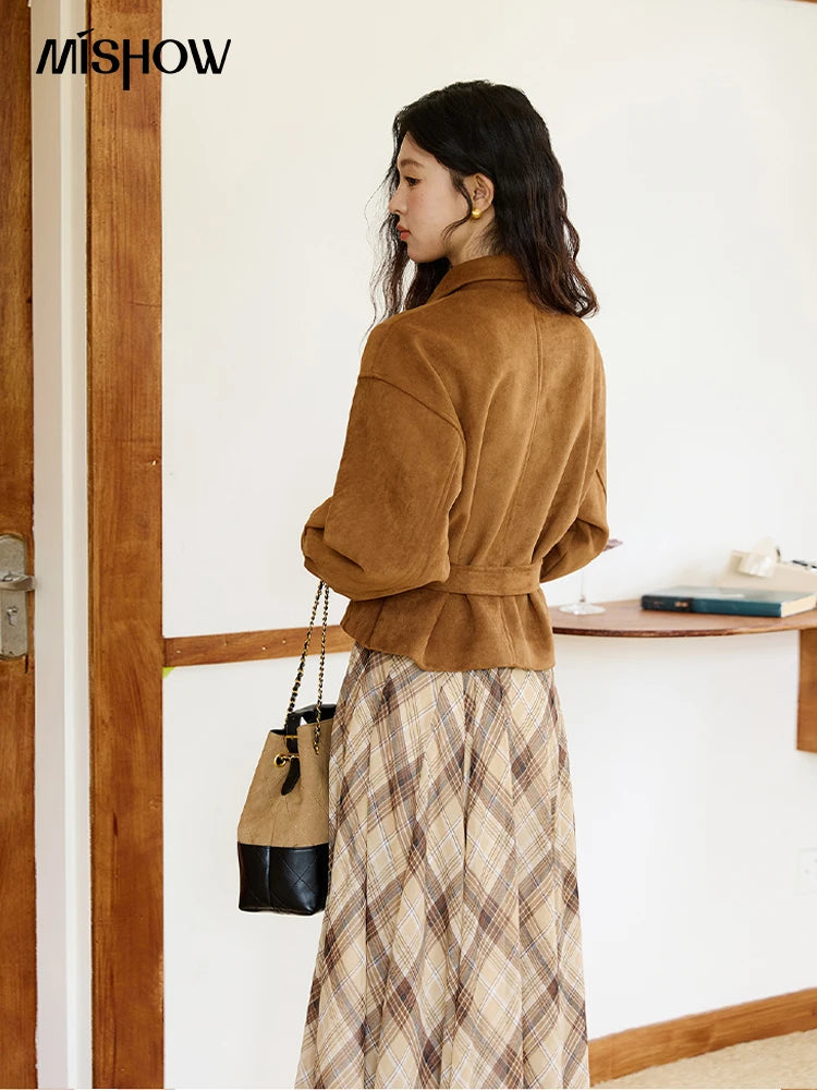 MISHOW Short Jacket for Women 2025 Autumn New Brown Lapel Metal Button Decorated Jacket Windproof Commuter Outerwear MXE46W0864