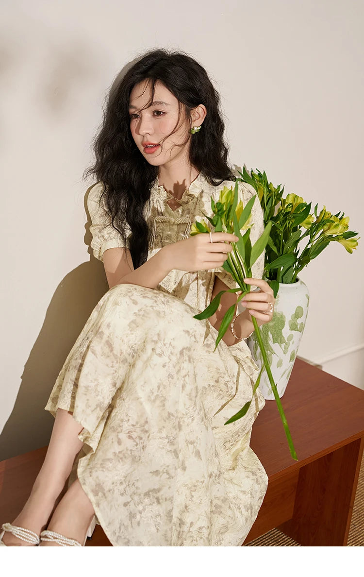 MISHOW Chinese Chiffon Embroidered Shirt A-line Skirt Separately Summer Puff Sleeve Top Rear Elastic Waist Skirt MXD24X1405