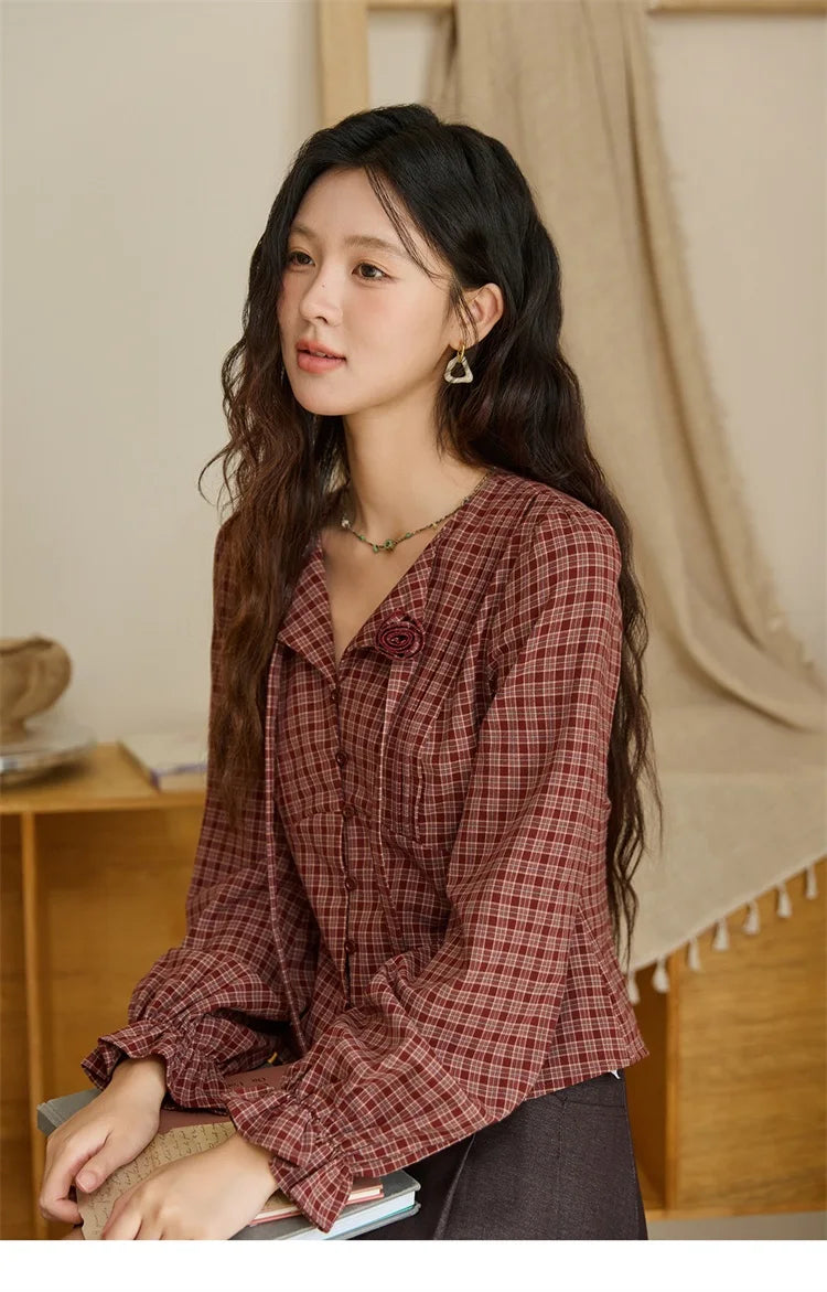 MISHOW Women's Red Tied Plaid Shirt 2025 Autumn New Arrival Sweet 3D Floral Turn-Down Collar Long-Sleeve Blouse Women MXE45X2481