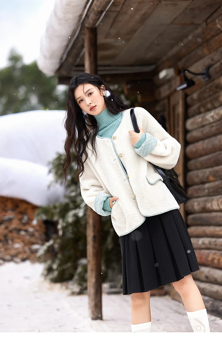 MISHOW Lamb Wool Jacket Women Cuffs Spliced Lace Metal Buttons Design Suede Plush Soft Warm Solid Leather Fur Coats MXD58W0740